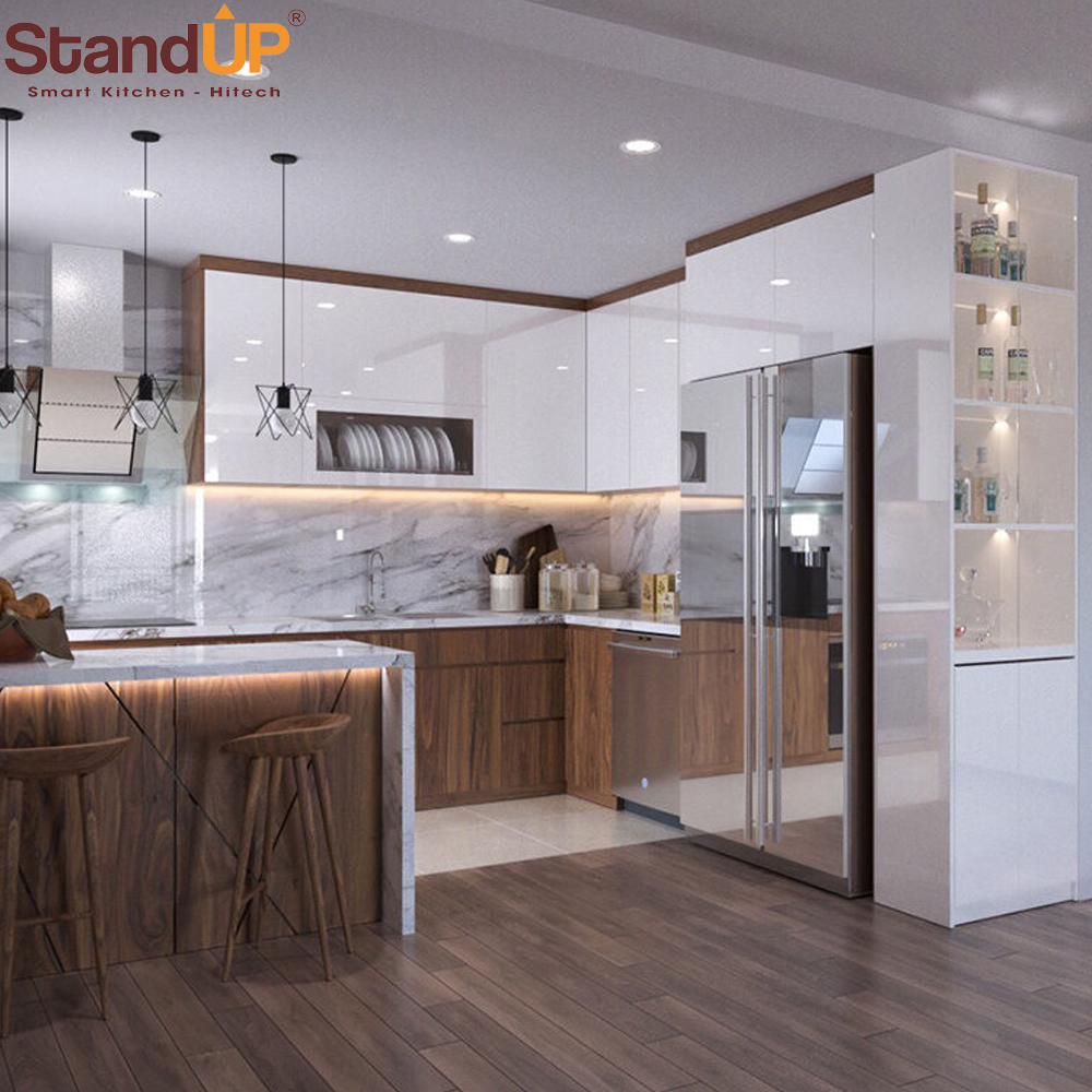 Nên tạo tính thống nhất và hài hòa cho không gian sống bằng việc kết hợp màu của tủ bếp với màu tường và màu nội thất