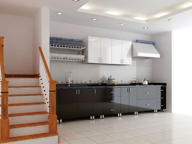 Tủ bếp inox cánh acrylic màu đen – trắng ấn tượng. Tủ bếp dưới màu đen sạch sẽ kết hợp tủ bếp trên màu trắng tạo nên điểm nhấn lạ mắt trong gian bếp