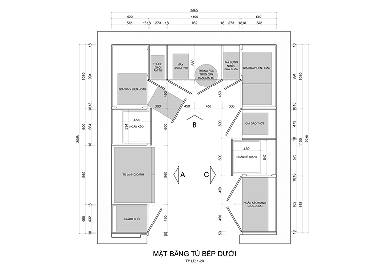 MẶT BẰNG TỦ BẾP DƯỚI