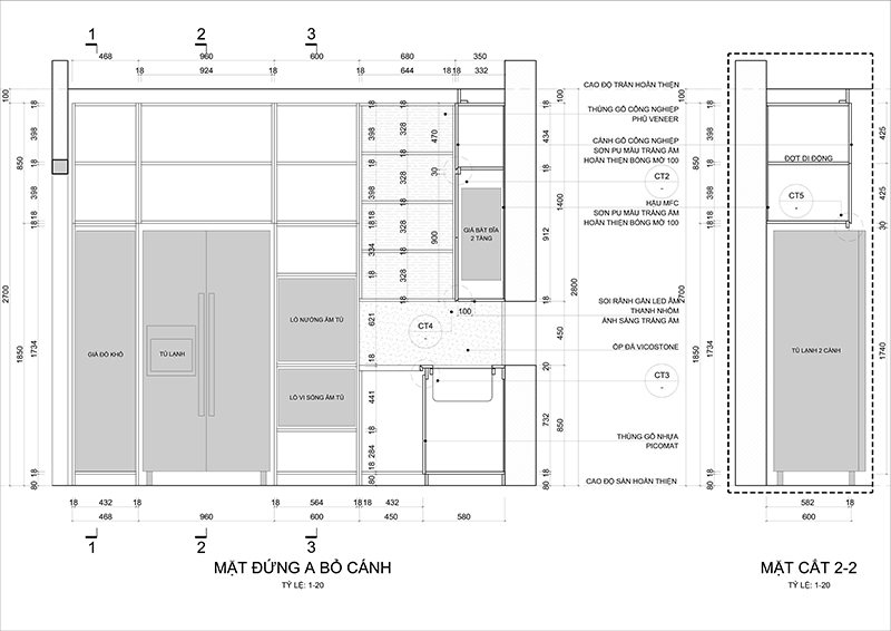 MẶT ĐỨNG A BỎ CÁNH, MẶT CẮT 2-2