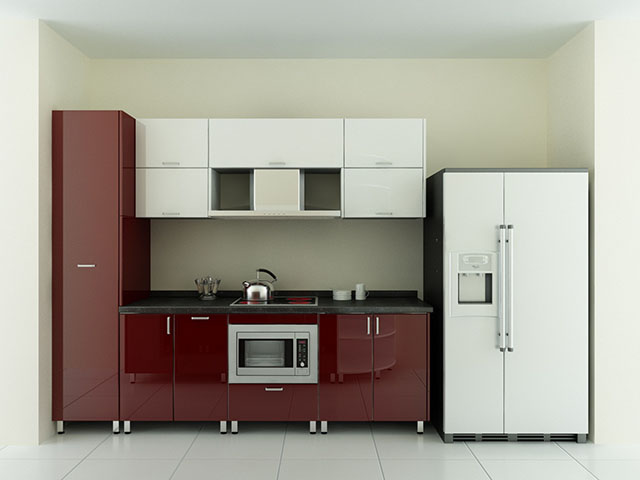 Không gian nhà bếp nhỏ hẹp được thiết kế mẫu tủ bếp inox cánh acrylic màu đỏ rượu vang kết hợp trắng sang trọng. Chân tủ bằng inox và bố trí thoáng giúp bạn dễ dàng vệ sinh dưới gầm tủ sạch sẽ